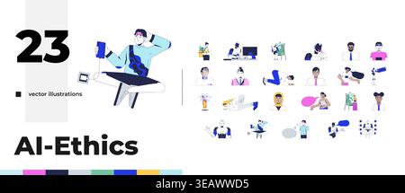 AI influence on human behavior and digital interaction cartoon flat illustrations bundle Stock Vector