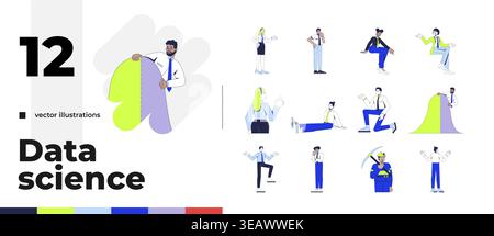 Diverse professionals doing analytical tasks cartoon flat illustrations bundle Stock Vector