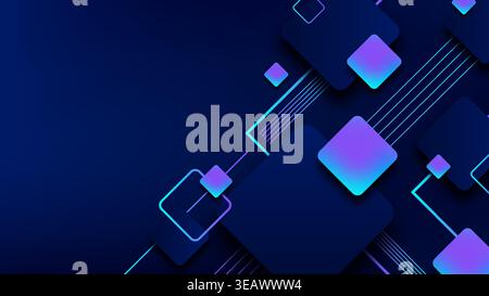 futuristic high tech digital aesthetic abstract background featuring glowing neon blue and purple squares with sleek parallel lines for modern innovat Stock Vector