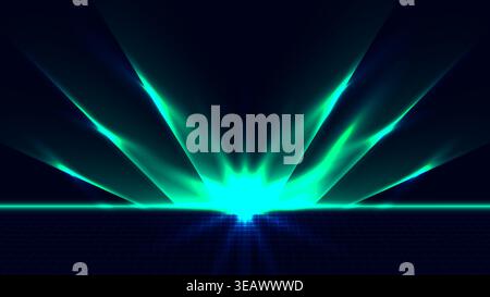 high energy digital background vibrant cyan light burst radiating upward over dark blue retro wireframe grid, futuristic synthwave aesthetic for creat Stock Vector