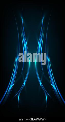 Abstract futuristic cyan light trails with symmetrical glowing curves on black background for high tech digital energy concepts Stock Vector