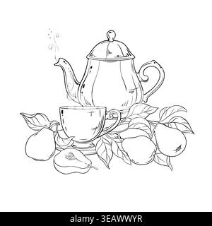 Pear Tea in Teapot Outline Illustration. Stock Vector