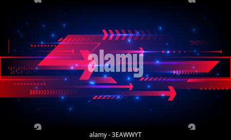 Futuristic digital background with high speed red arrows and geometric shapes racing across dark blue space with glowing light streaks for technology Stock Vector