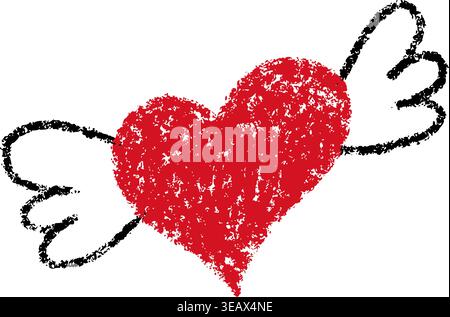Crayon doodle heart with wings. Chalk texture hand drawn red heart icon. Pencil love sign. Kid school crayon drawing. Scribble cute love shape. Vector Stock Vector