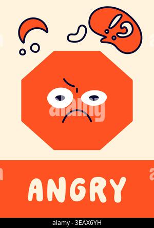 Poster with red geometric figure face. Cute colorful hexagon shape with angry expressing. Stock Vector