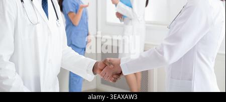 Deal. Concept of collaboration in medicine. Doctors shaking hands Stock Photo