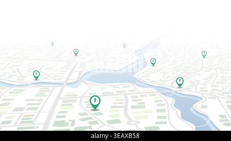 Electric vehicle charging map concept. Urban navigation with charging station locations. City blocks with green location pins. Eco-friendly Stock Vector