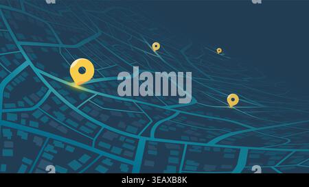 Futuristic city map with highlighted yellow location markers. GPS navigation. Navigation plan to multiple destination points. Vector illustration Stock Vector