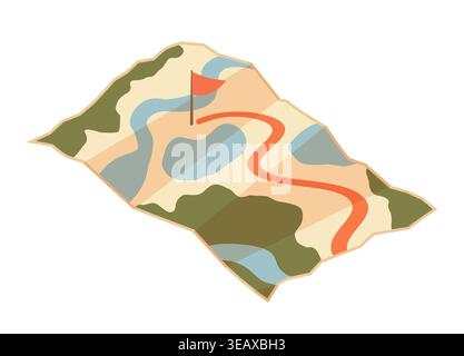 Flat paper map with red route and destination flag. Generic map with road and forest, abstract navigation. Vector illustration Stock Vector