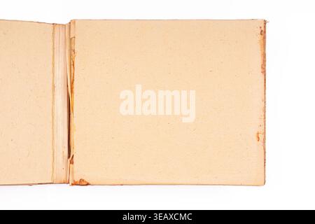 vintage handmade paper book opened to blank page as scrapbook or journal background Stock Photo