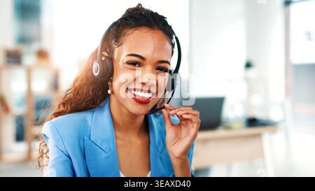 Headset, happy and portrait of businesswoman in office with communication, consultation or client engagement. Smile, mic and customer success manager Stock Photo