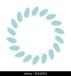 Circular wreath of light blue leaves with vein details, arranged symmetrically around empty center, decorative botanical frame perfect for invitations Stock Vector