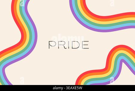 Neo Groovy Pride month banner with psychedelic rainbow ribbon waves and copy space. Minimalist LGBTQ horizontal header, abstract 70s fluid line art Stock Vector