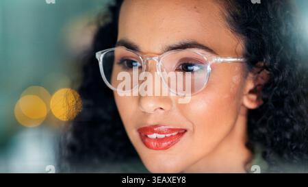 Happy woman, programmer or coding with glasses in office for software development or update. Female person, coder or app developer with smile for Stock Photo