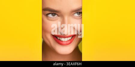 Collage of Smiling Woman With Bright Background Showing Happiness and Joy Stock Photo