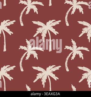 White Grunge Palm Trees Silhouettes Pattern on Brown Background. Tropical seamless pattern, summer textile vector design with palm trees. Hand drawn Stock Vector