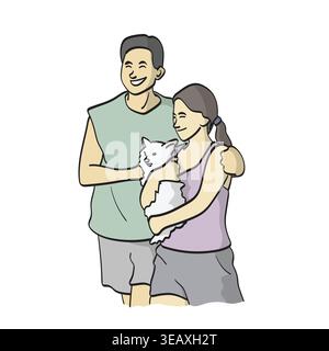 Couple holding dog illustration vector isolated on white background Stock Vector