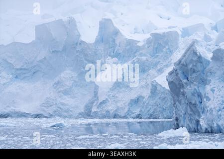 Glacier eruption edge with shimmering blue ice formations, in front of iceberg and floating ice floes on calm water surface, Andvord Bay, Antarctic Pe Stock Photo