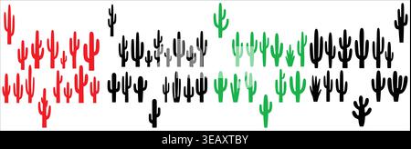 Seamless Pattern of Colorful Cactus Silhouettes Red Green and Black Desert Plant Vector Background Stock Vector