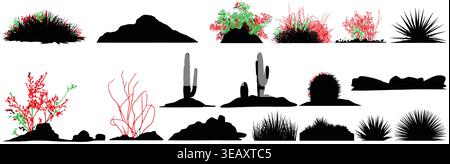 Desert Landscape Silhouette Collection with Cactus Rocks Grass and Red Floral Accents Vector Illustration Stock Vector