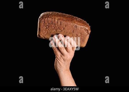 Woman holding freshly baked bread, closeup. Traditional sourdough brown bread in baker hands. Man hand holding black bread. Baker chef man holding Stock Photo