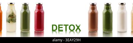 Colorful Collage of Juice Bottles in Different Flavors Arranged in a Neat Line for Detox Purposes Stock Photo