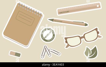 Digital Planner Sticker Set Vector Eco Friendly Stationery Stickers with White Border for Goodnotes Minimalist Kraft Paper School Icons for Journaling Stock Vector