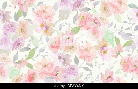 Seamless watercolor pattern with soft peonies flowers, leaves. Hand painted floral repeat background for wedding invitations, textile. Vector EPS. Stock Vector