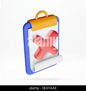 3d clipboard with red cross mark on white paper. Stock Vector
