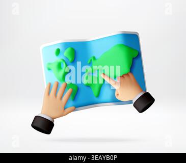 Hand pointing at destination on 3D world map. Stock Vector