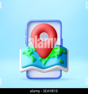 3D Red location pin on world map in smartphone. Stock Vector