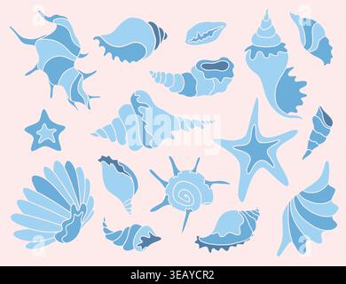 Blue Sea Shells and Starfish Scandi Vector Set Stock Vector