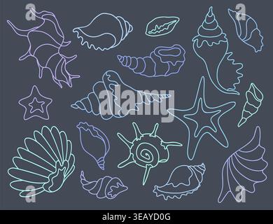 Neon Line Art Sea Shells on Dark Background Stock Vector
