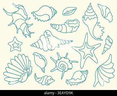 Teal Outline Sea Shells Minimalist Vector Stock Vector