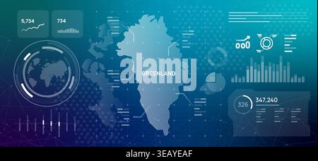 Greenland map infographics with digital data visualization dashboard on futuristic blue background for arctic territory geographic research or Stock Vector