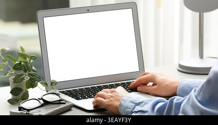 Young female programmer using laptop in office, closeup Stock Photo