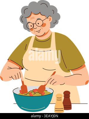 Happy grandmother in apron mixing vegetable salad in bowl using wooden spoons Stock Vector