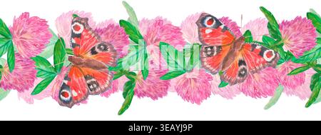 Watercolor seamless horizontal clover pattern with Peacock butterflies. Great for home textile borders, gift wrapping paper, summer ribbons, and festi Stock Photo