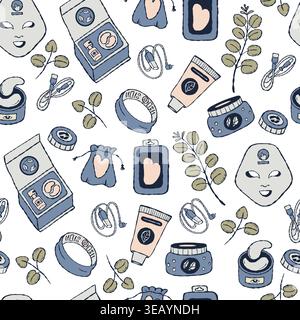 Tech Wellness Trend Seamless Pattern. LED Face Mask and Charging Cables, Gua Sha, Cosmetics, Skin Care, Modern Biohacking Gadgets and Facial Light Stock Vector