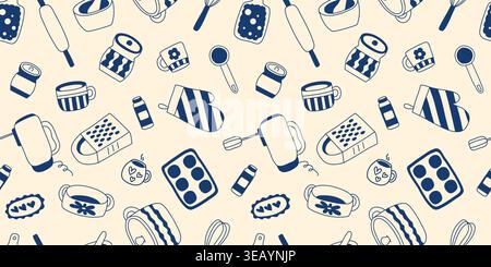Hand-drawn print of kitchen utensils for cooking. Background with blue dishes, cutlery, spice jars and kitchen tools in doodle style. Seamless pattern Stock Vector