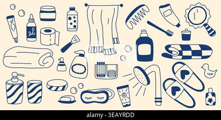 Set of hand-drawn accessories for bathing, hygiene and skincare. Bathroom elements, doodle style. Simple line drawings of products, packaging Stock Vector