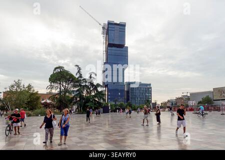 Skanderbeg Square in Tirana, Albania, featuring the odd looking skyscraper known as the "Eyes of Tirana". Stock Photo