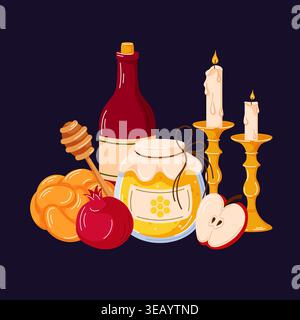 Rosh Hashanah traditional food, honey, apple, Challah bread, candle and pomegranate. Jewish New Year holiday celebration set. Design for greeting card Stock Vector