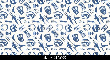 Travel seamless pattern with airplane, backpack, sunglasses, camera, ticket and globe. Vacation and adventure illustration in flat style. Stock Vector