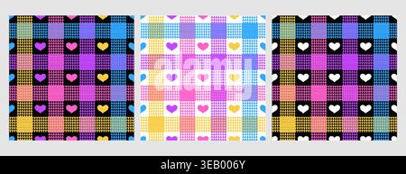 Seamless plaid pattern with colorful and white cute hearts. Gingham check geometric texture for tablecloth design, textile print, valentine's day. Vichy square background with checkered wallpaper Stock Vector