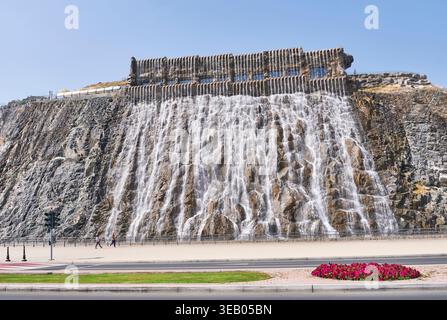 Khorfakkan Artificial Waterfall Built into Natural Rock in Sharjah, UAE Stock Photo