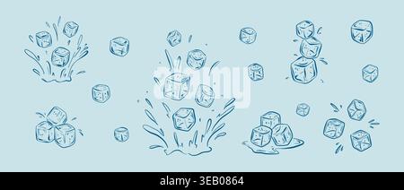 Hand drawn crayon sketch ice cubes in cold blue water. Cold drink freezing. Ice block pyramid, tower. Sugar falling into liquid splash. Doodle outline Stock Vector