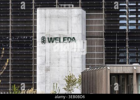 Weleda logo on the company building. Schwaebisch Gmuend as a business location. Weleda AG is a Swiss group of companies for homeopathy, natural cosmet Stock Photo