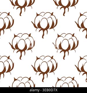 Seamless pattern with a repeating brown cotton plant flower on a white background. Natural organic product illustration for fabric in line art style. Stock Vector