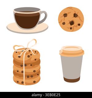 Hand-drawn illustrations of homemade cookies, cup of black tea or coffee and takeaway paper cup for packaging, menu, cafe Stock Vector